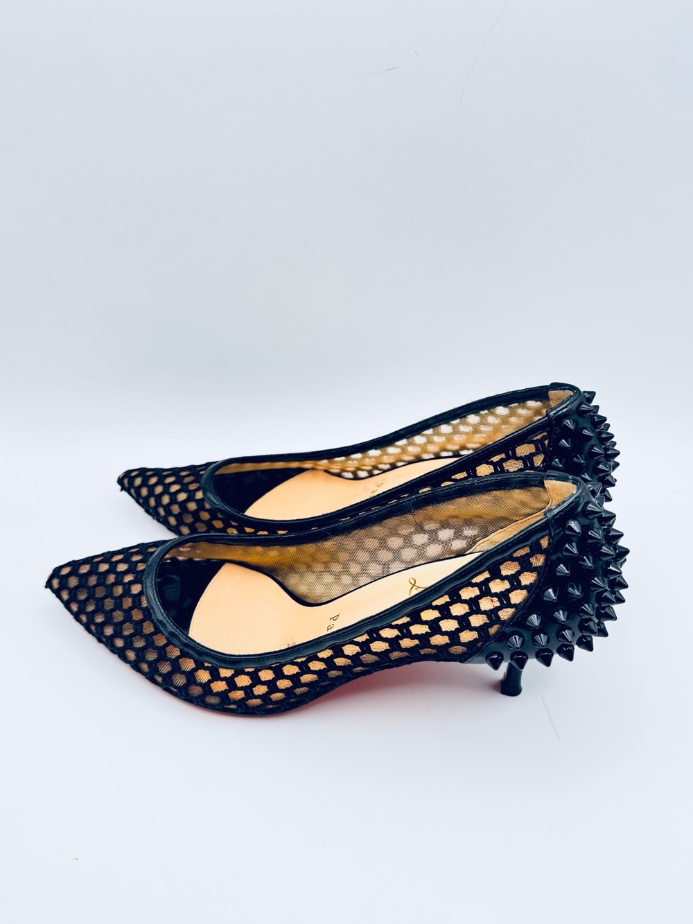 Christian Louboutin Guni 55 Black Mesh Spiked Pumps Heels EU 37